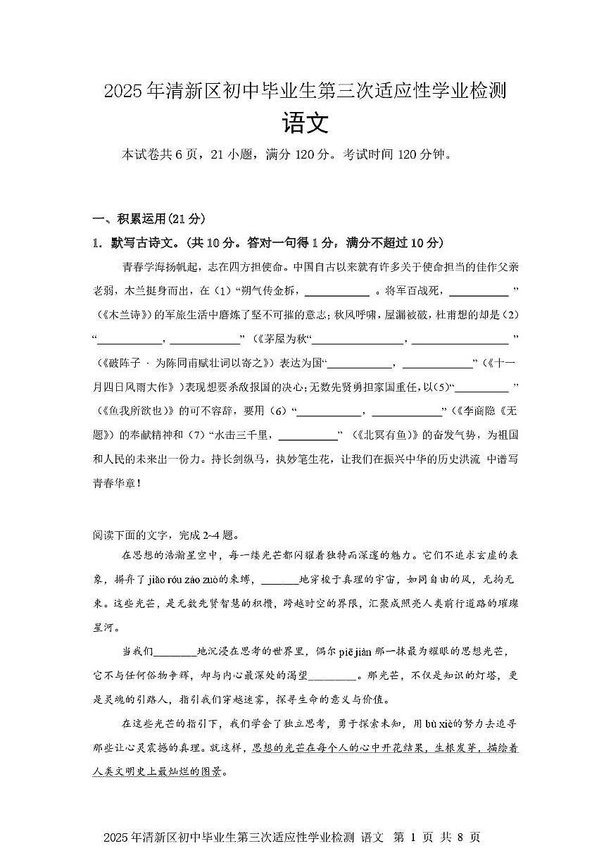2025年广东省清远市清新区中考三模语文试题第1页