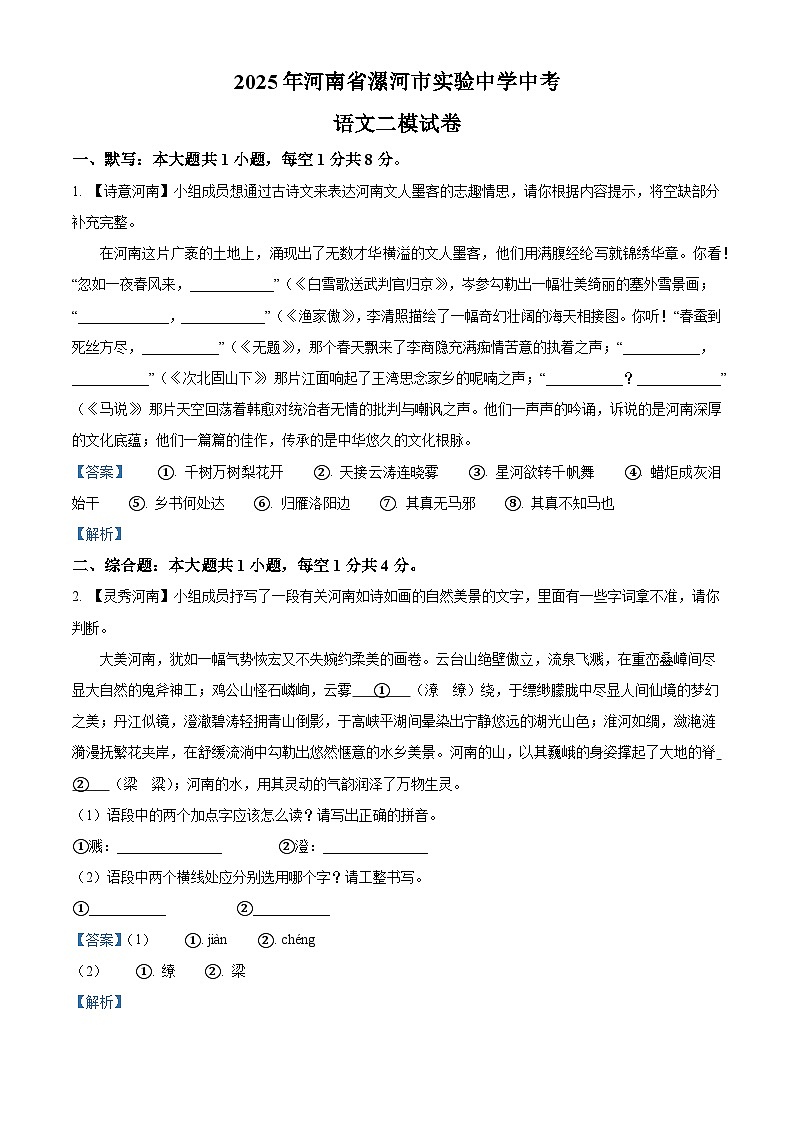 2025年河南省i漯河市实验中学中考二模语文试题（解析）第1页