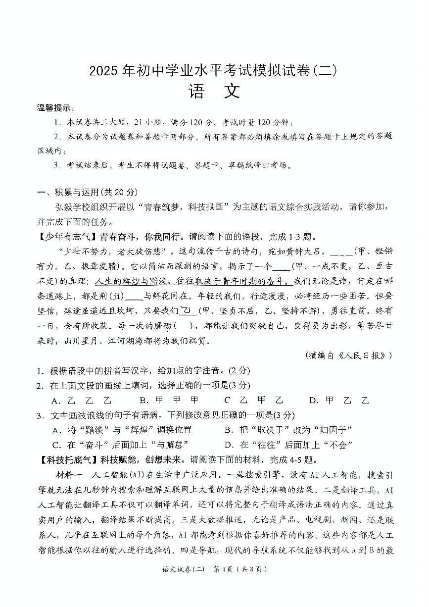 2025年湖南省岳阳市岳阳楼区中考二模语文试题第1页