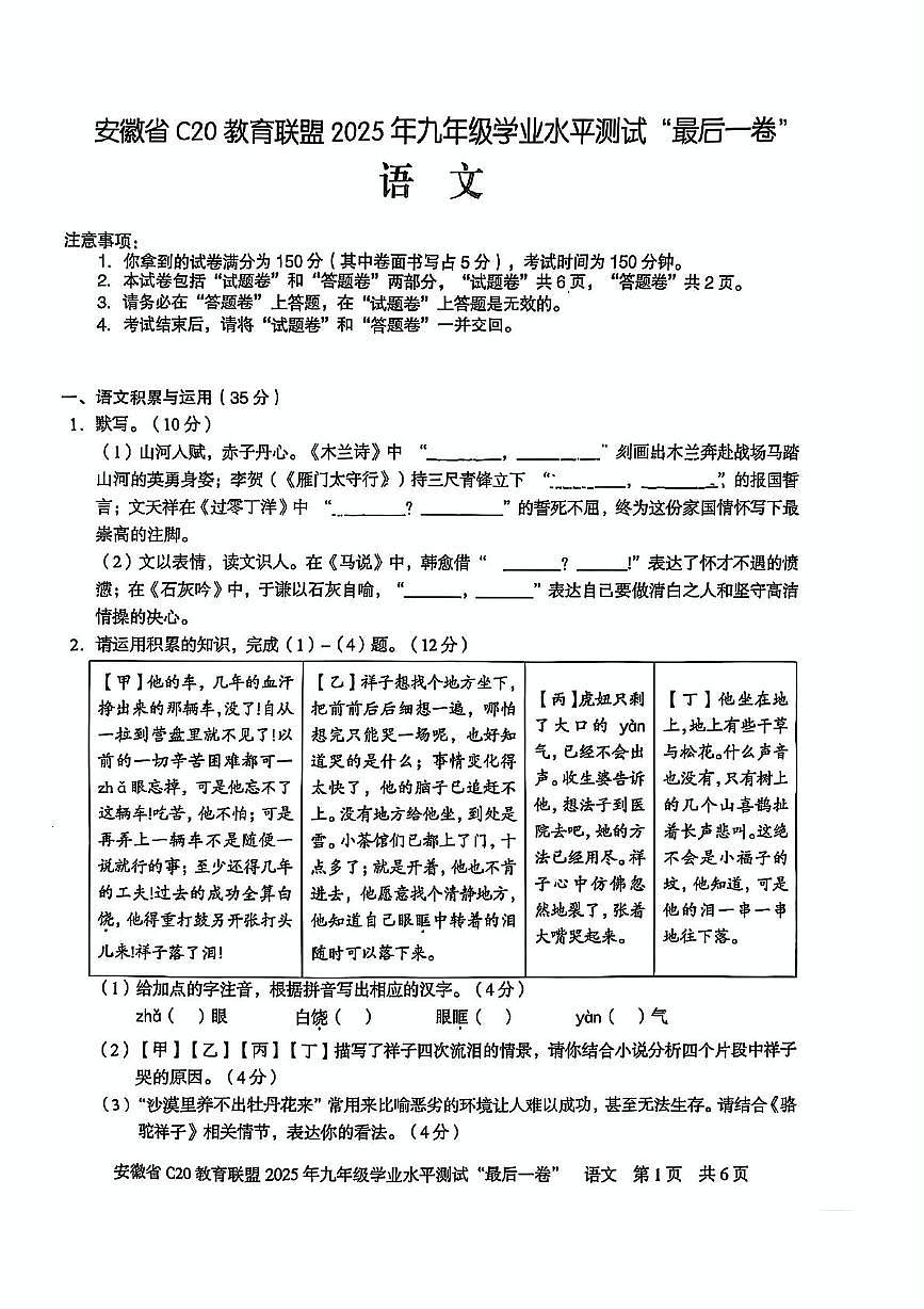 2025年安徽省C20教育联盟中考最后一卷语文试题（中考模拟 ）第1页