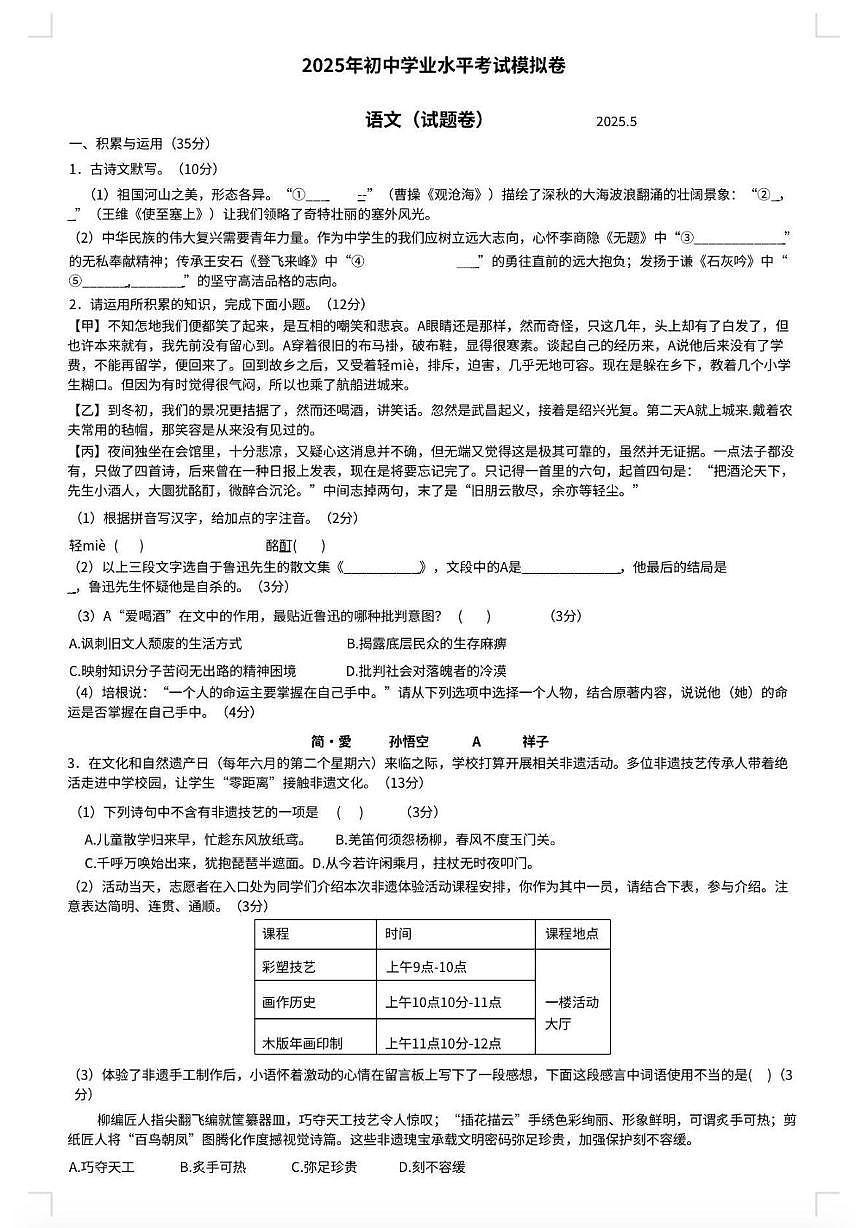 2025年安徽省合肥市新站实验中学中考三模语文试卷（中考模拟 ）第1页
