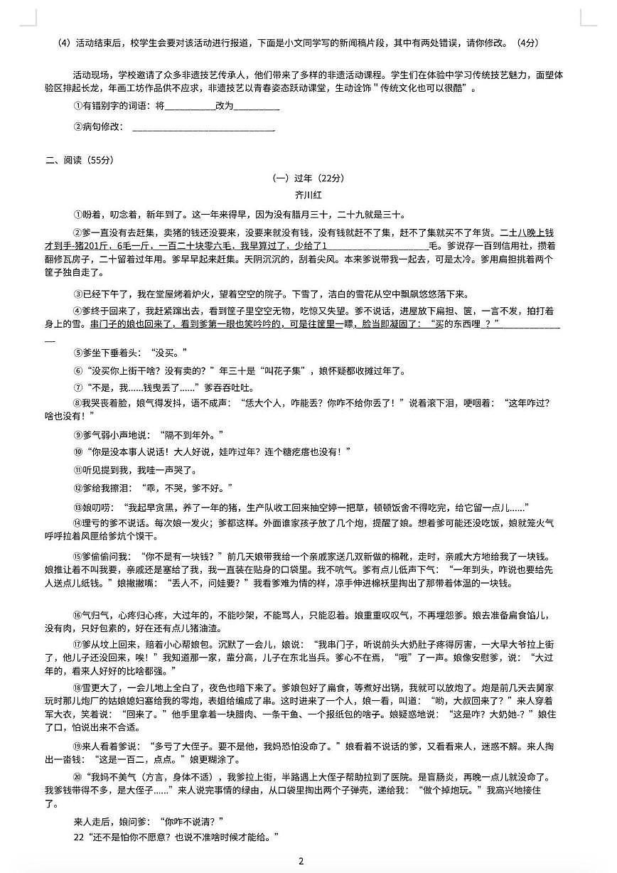 2025年安徽省合肥市新站实验中学中考三模语文试卷（中考模拟 ）第2页