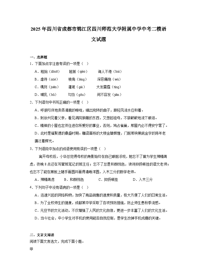 四川省成都市锦江区四川师范大学附属中学2025年中考二模 语文试题（含解析）第1页
