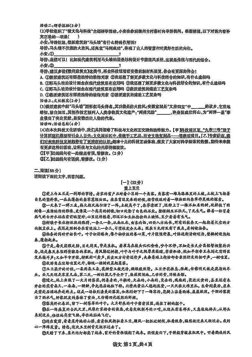 安徽省合肥市高新区2025年九下中考二模 语文试卷第2页