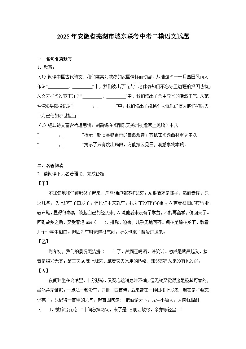 安徽省芜湖市城东联考2025年中考二模 语文试题（含解析）第1页