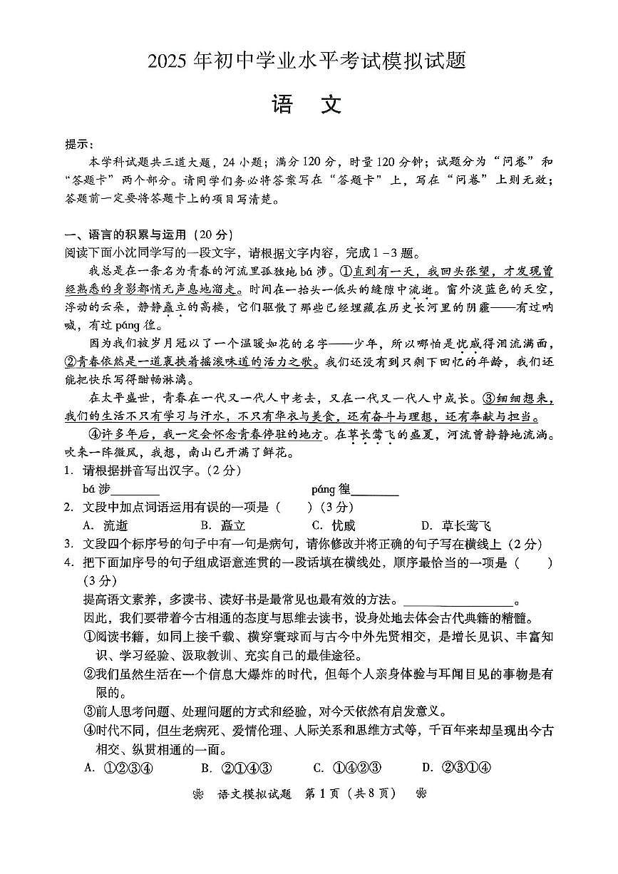 2025年湖南省衡阳市初中学业水平考试模拟考试语文试题（中考模拟 ）第1页