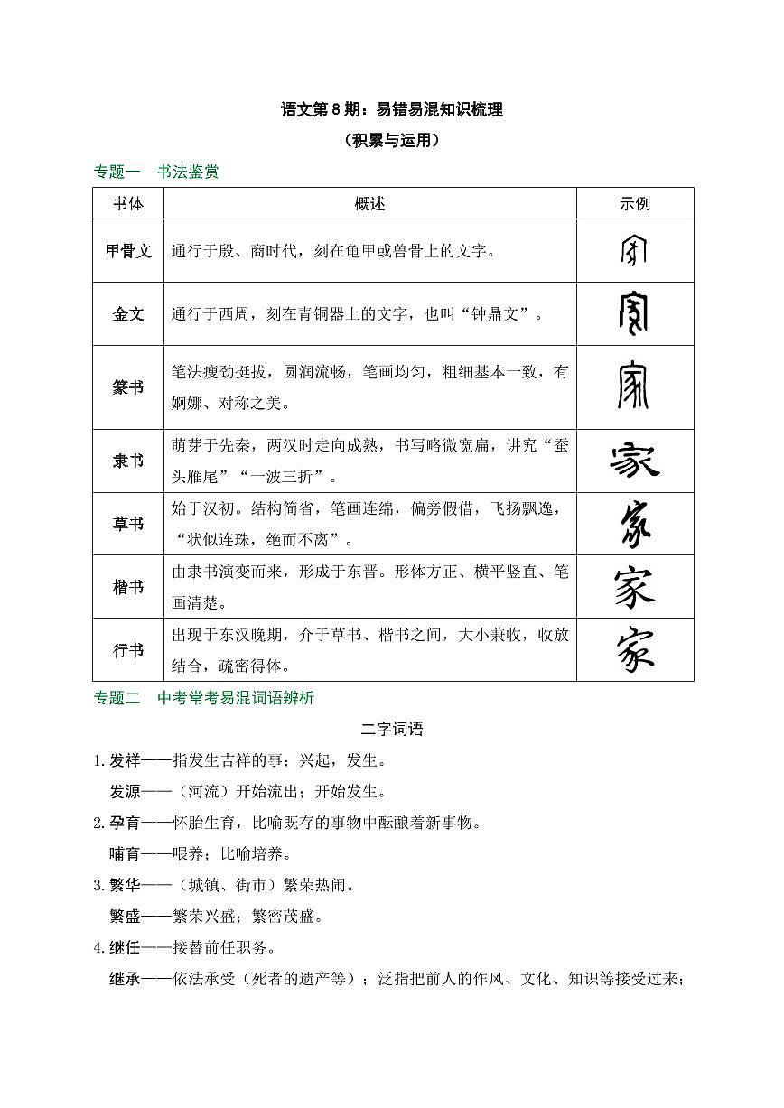 2025年中考语文写作专项复习讲义语文易错易混知识梳理pdf（有答案）第1页