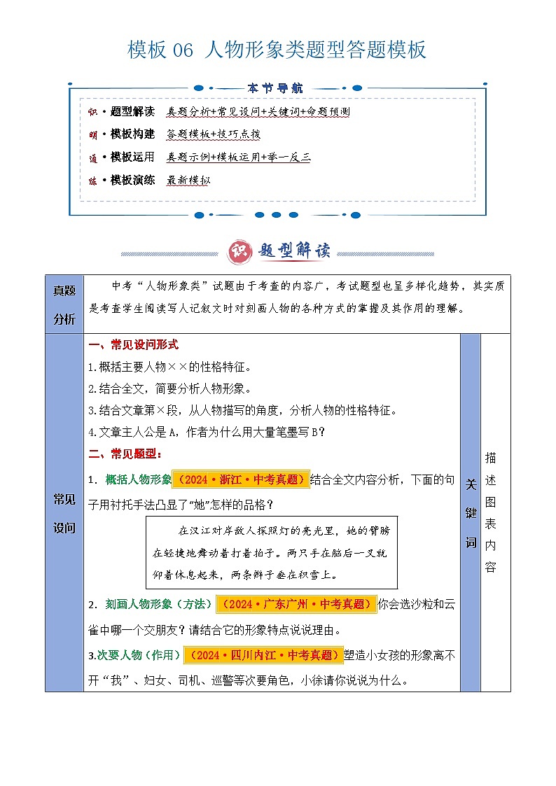 2025年中考语文专题复习练习模板06 人物形象类题型(答题模板)原卷版第1页