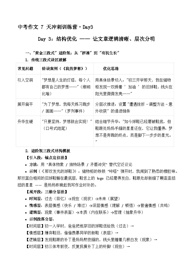 2025年中考语文作文复习七天冲刺课教案Day 3：结构优化 —— 让文章逻辑清晰、层次分明（全国通用）第1页