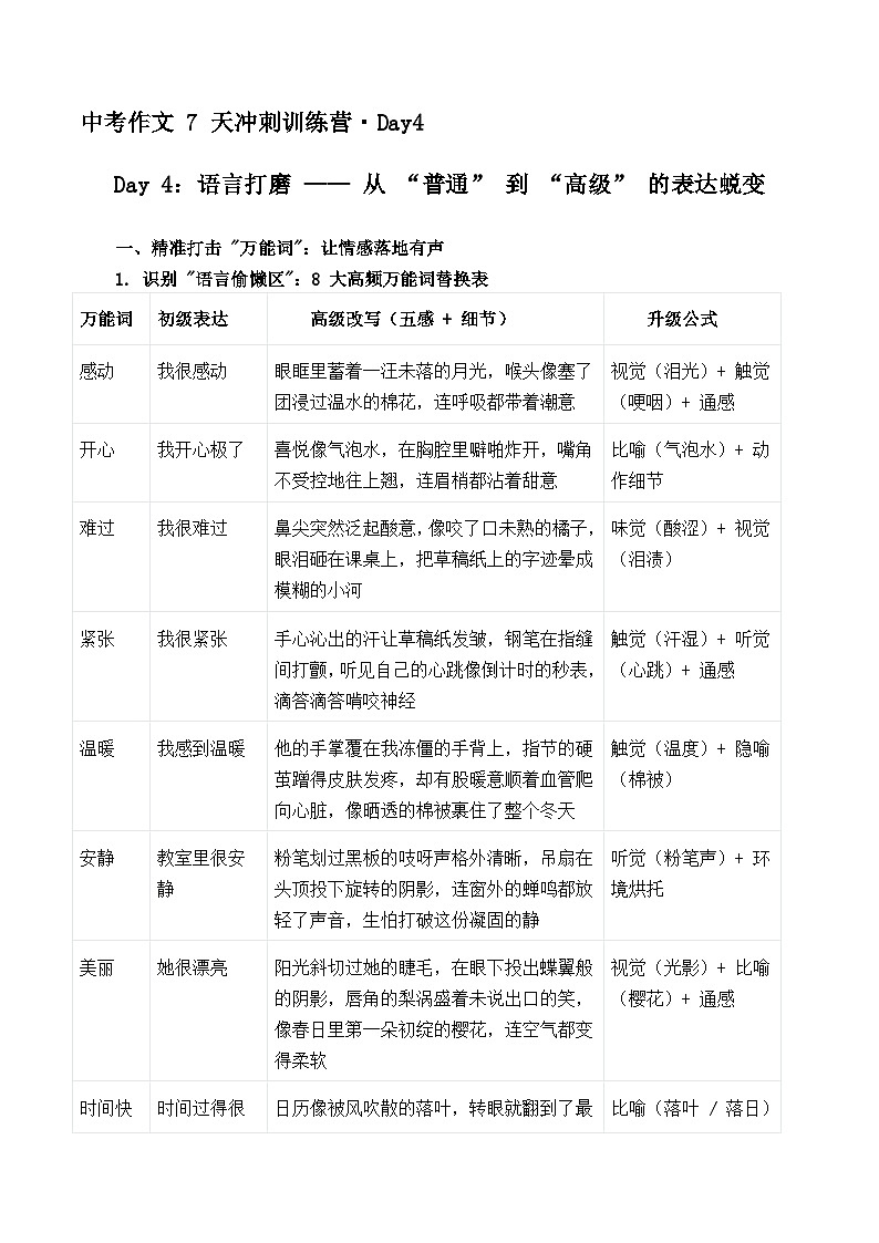 2025年中考语文作文复习七天冲刺课教案Day 4：语言打磨 —— 从 “普通” 到 “高级” 的表达蜕变（全国通用）第1页