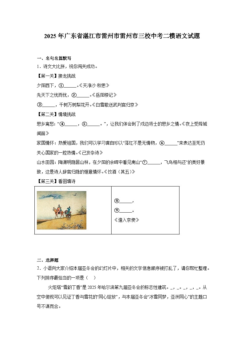 广东省湛江市雷州市雷州市三校2025年4月中考二模 语文试题（含解析）第1页
