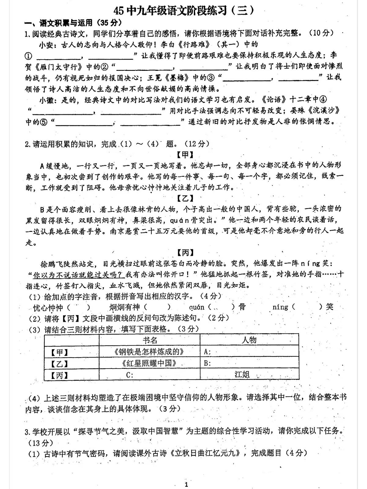 2025年安徽省合肥45中九年级中考三模语文试卷（PDF版，含答案）第1页