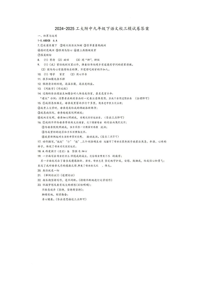 黑龙江省哈尔滨市哈工大附中2024-2025学年度九年级下学期语文校三模（毕业考）答案第1页