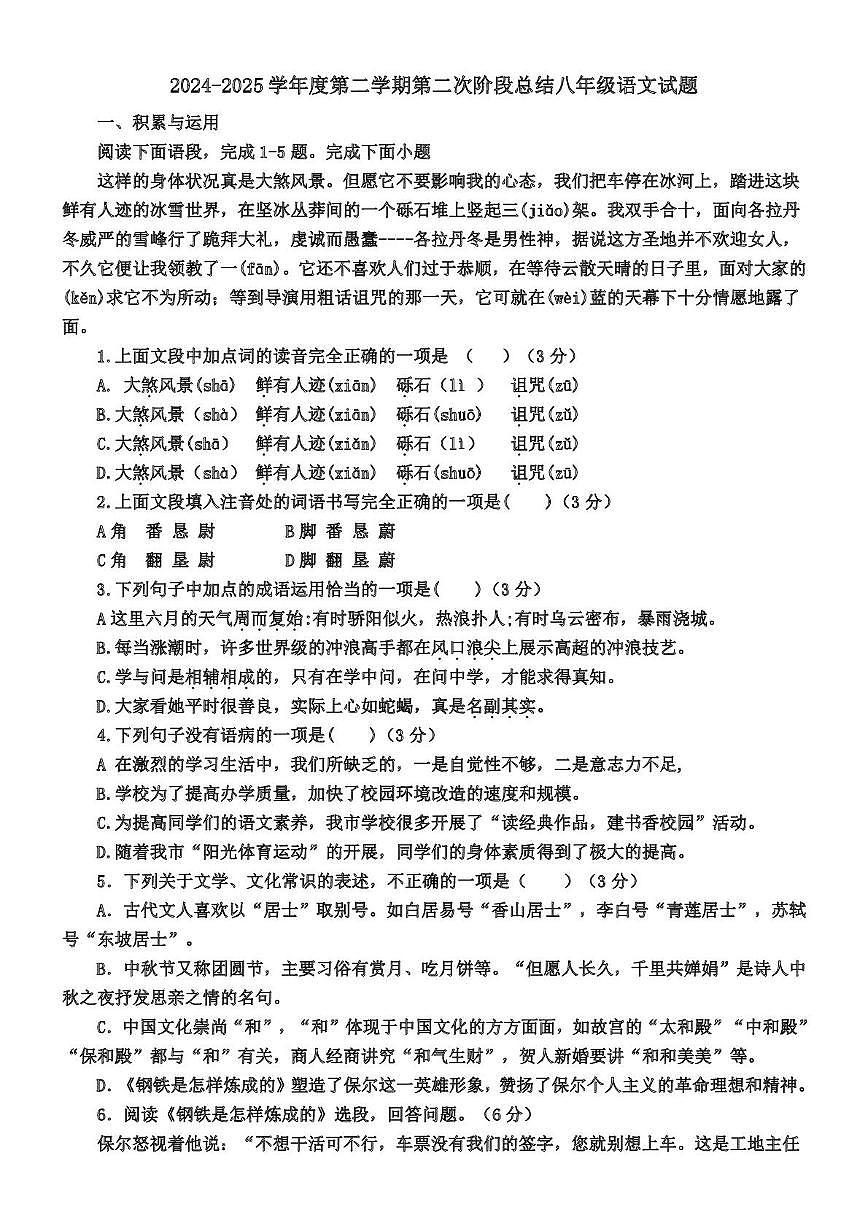 山东省德州市乐陵市朱集镇中学2024-2025学年八年级下学期第二次月考语文试题（PDF版，无答案）第1页