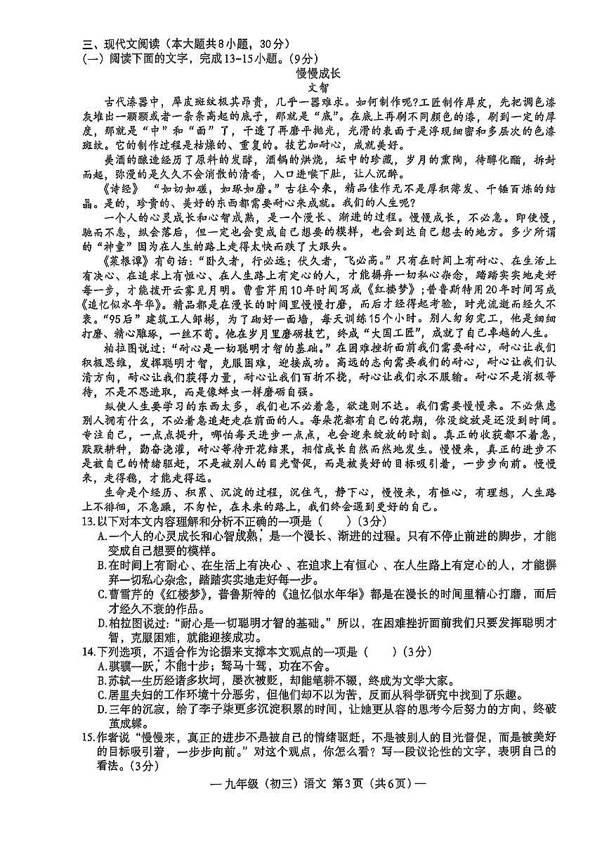2025年南昌中考一模语文试卷含答案第3页
