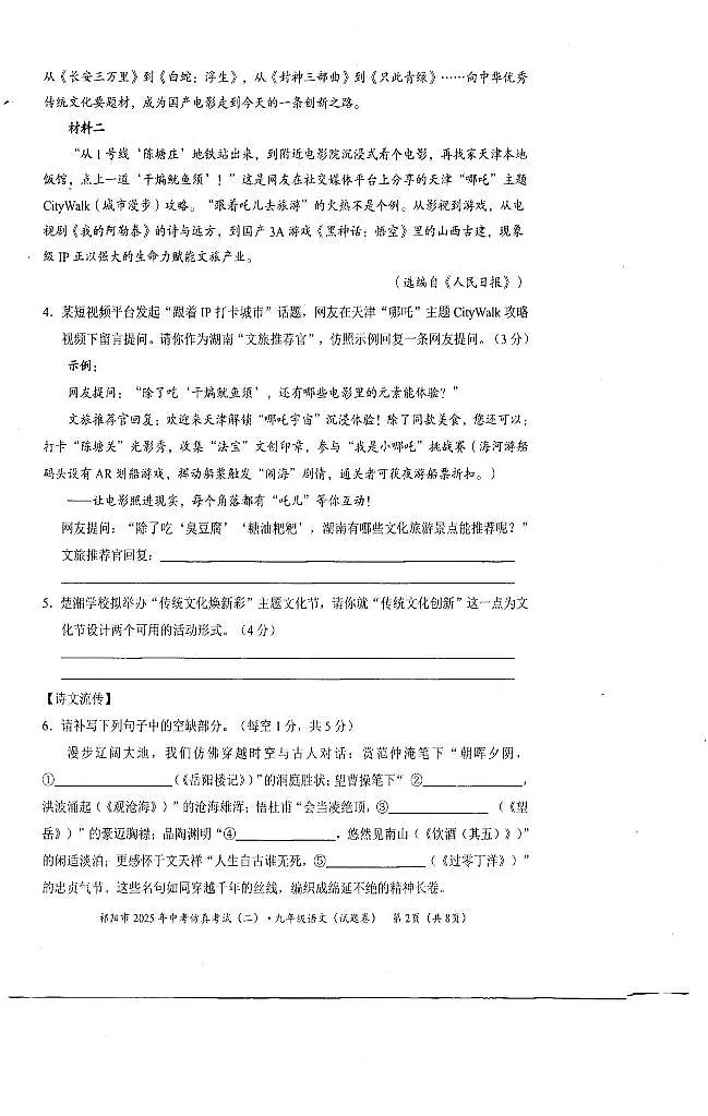 2025年湖南省祁阳市中考模拟语文试卷（二）（中考模拟）第2页