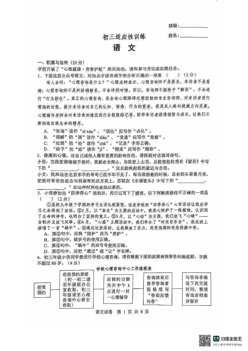 2025年湖南省长沙市长郡双语实验中学中考三模语文试题第1页
