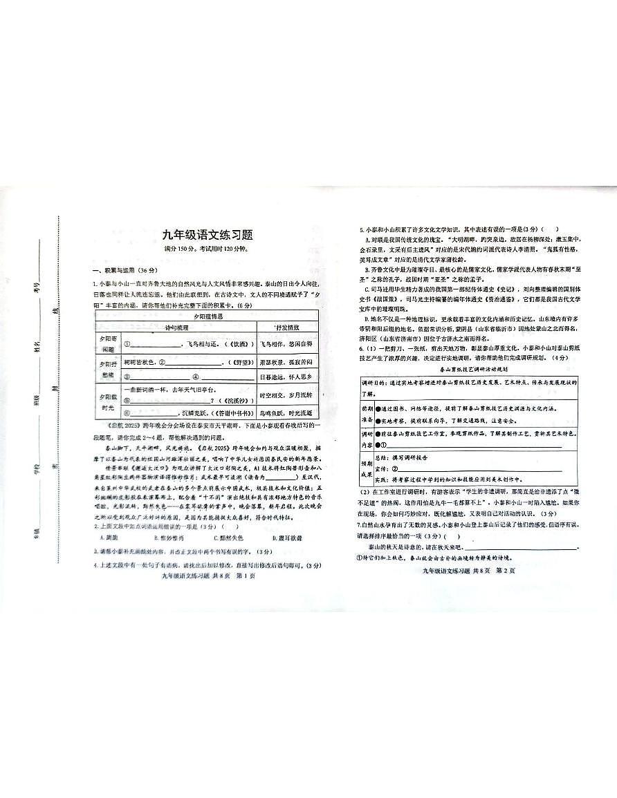 2025泰安市中考岱岳区三模语文试题 泰安市岱岳区九年级三模语文第1页
