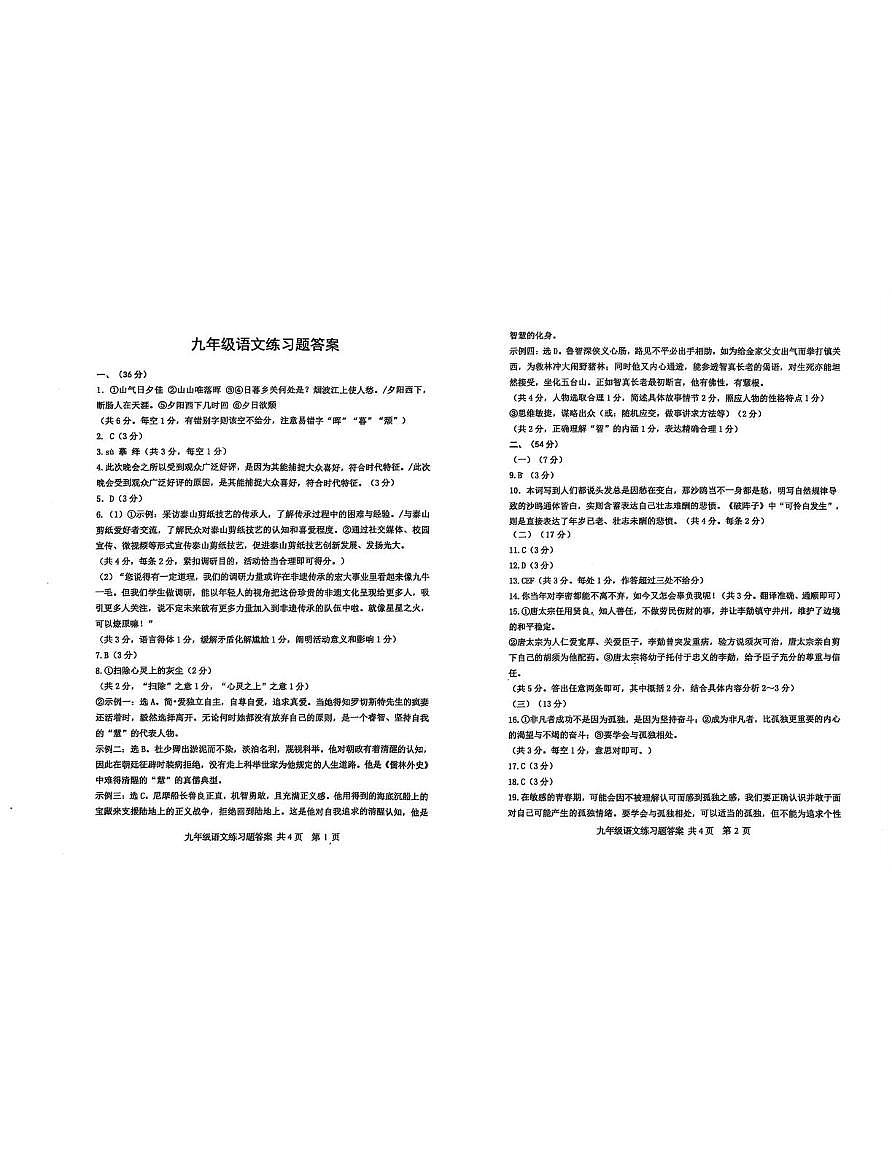 2025泰安市中考岱岳区三模语文试题 答案第1页