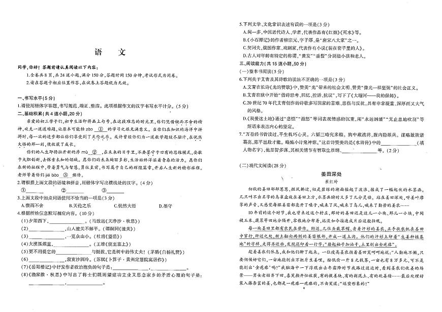 2025年贵州省铜仁市沿河土家族自治县中考三模语文试卷第1页