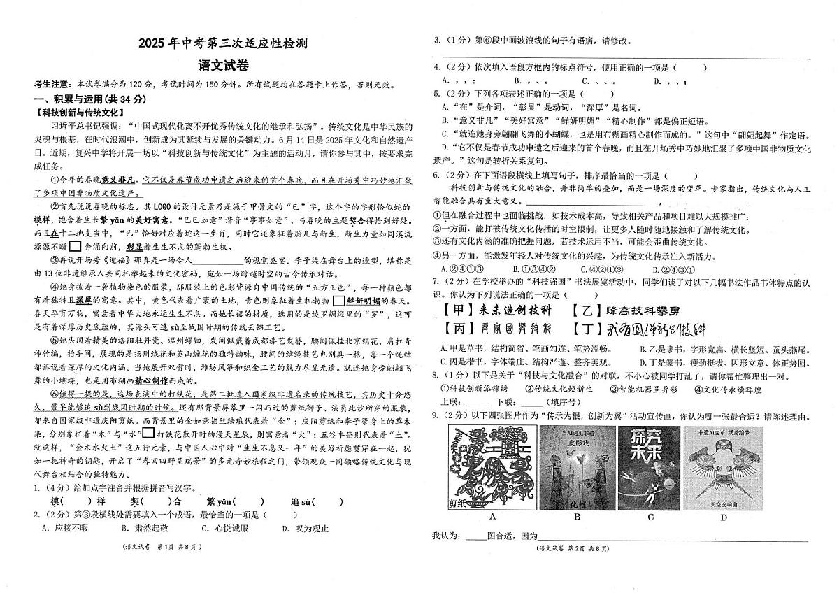 甘肃省酒泉市2025届九年级下学期第三次适应性检测语文试卷第1页