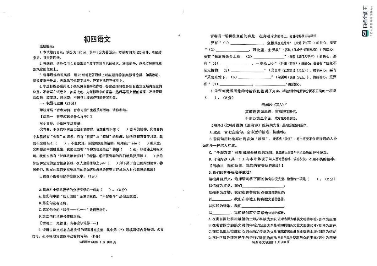 山东省威海乳山市（五四制）2024-2025学年九年级下学期期中考试 语文试题第1页