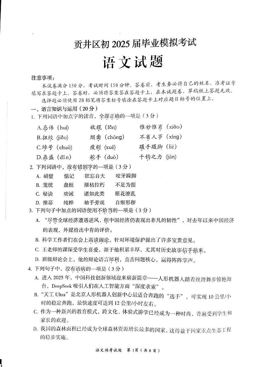 四川省自贡市贡井区2024-2025学年九年级下学期5月模拟语文试题（中考模拟）第1页