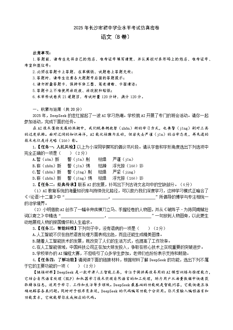 2025年湖南省长沙市初中学业水平考试仿真密卷语文（B卷）（中考模拟）第1页
