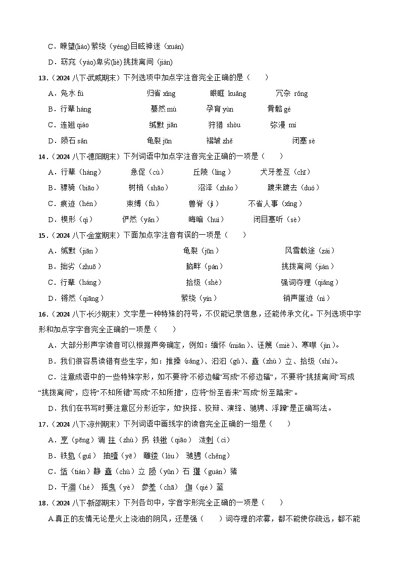 期末真题汇编01拼音（含答案）—2024-2025学年八年级语文下册（统编版）第3页