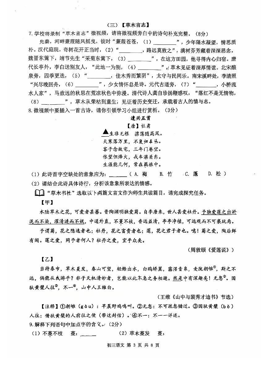2025年深圳市多校中考模拟质量检测语文试卷含答案第3页