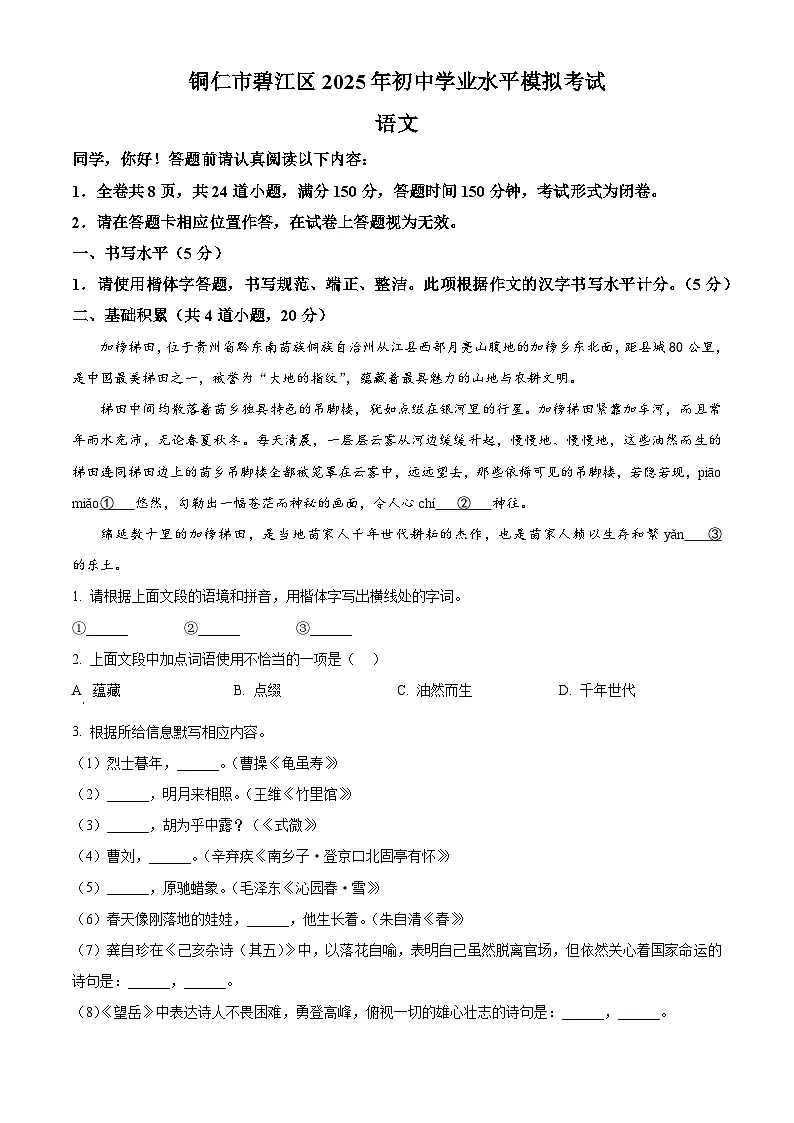2025年贵州省铜仁市碧江区中考模拟语文试题（含答案）第1页