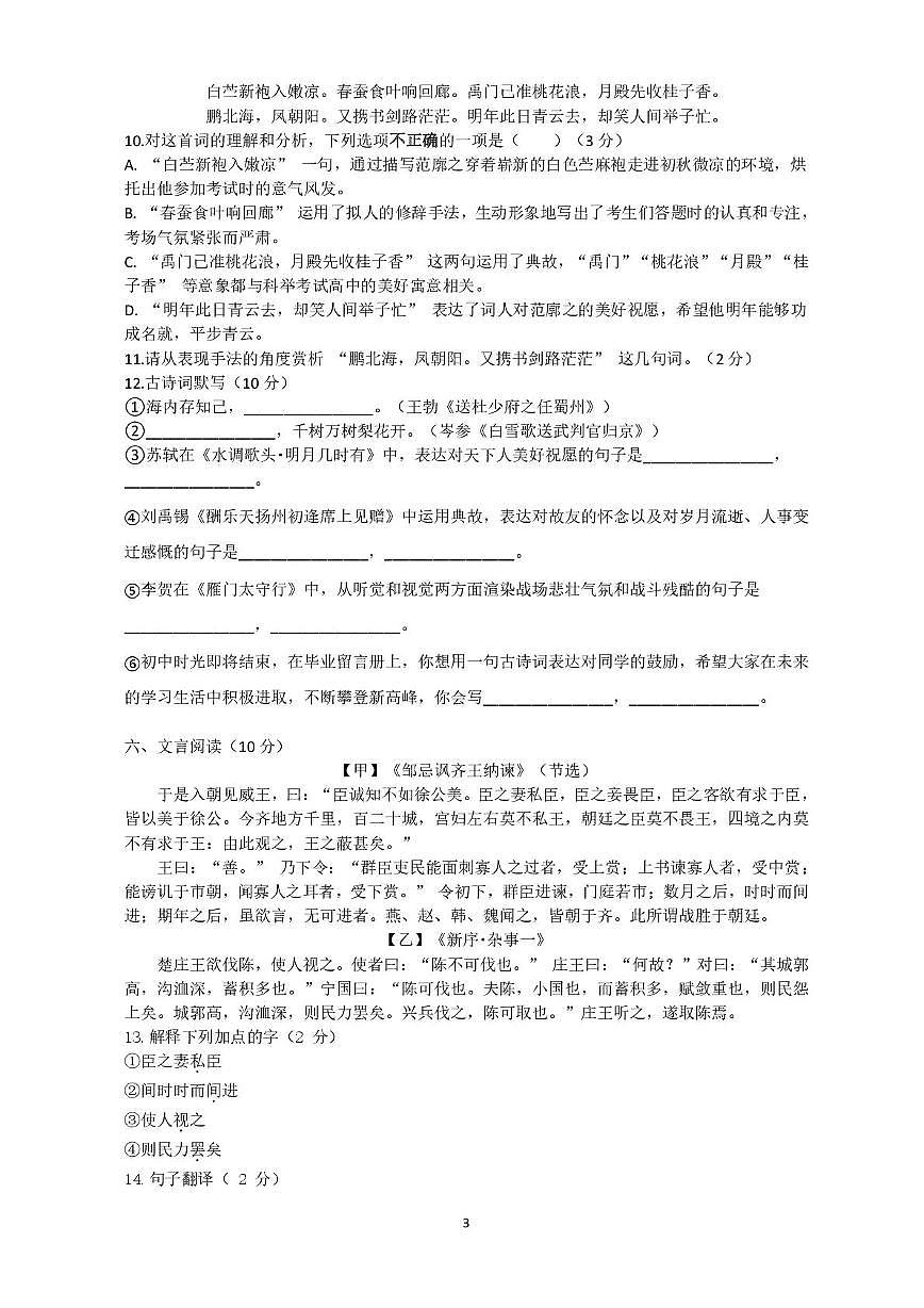 重庆市渝中区重庆复旦中学2024-2025学年九年级下学期开学考试语文试题第3页