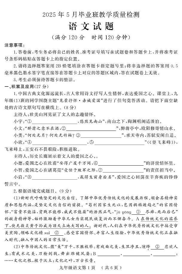 2025年山东省菏泽市曹县中考二模语文试题第1页