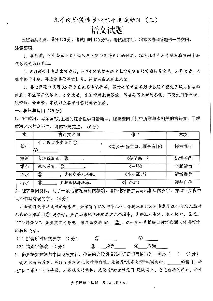 2025年山东省菏泽市牡丹区中考三模语文试卷第1页