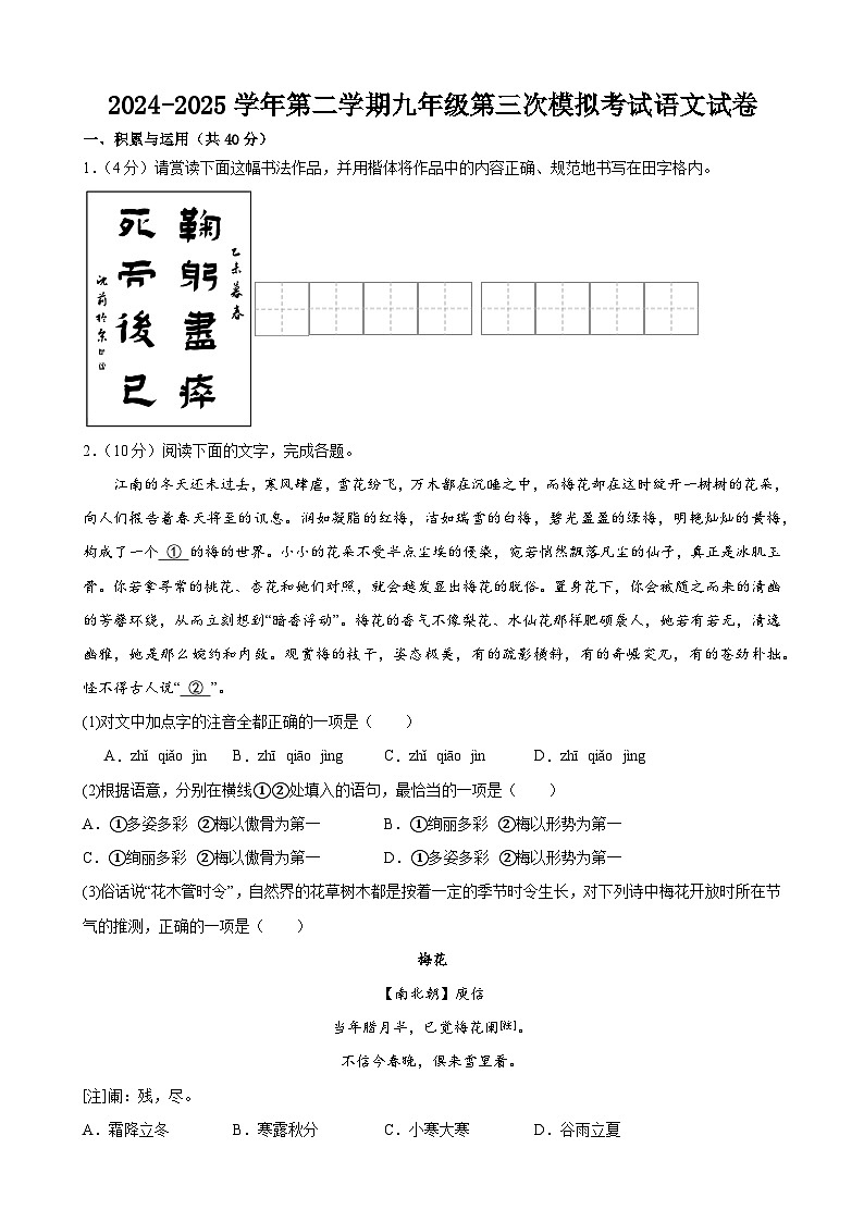 2025年甘肃省武威市凉州区发放中学、和寨九年制学校中考三模语文试题第1页