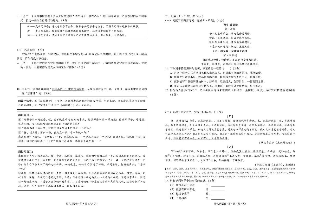 2025年红塔区初中学业水平模拟考试语文-试卷第2页