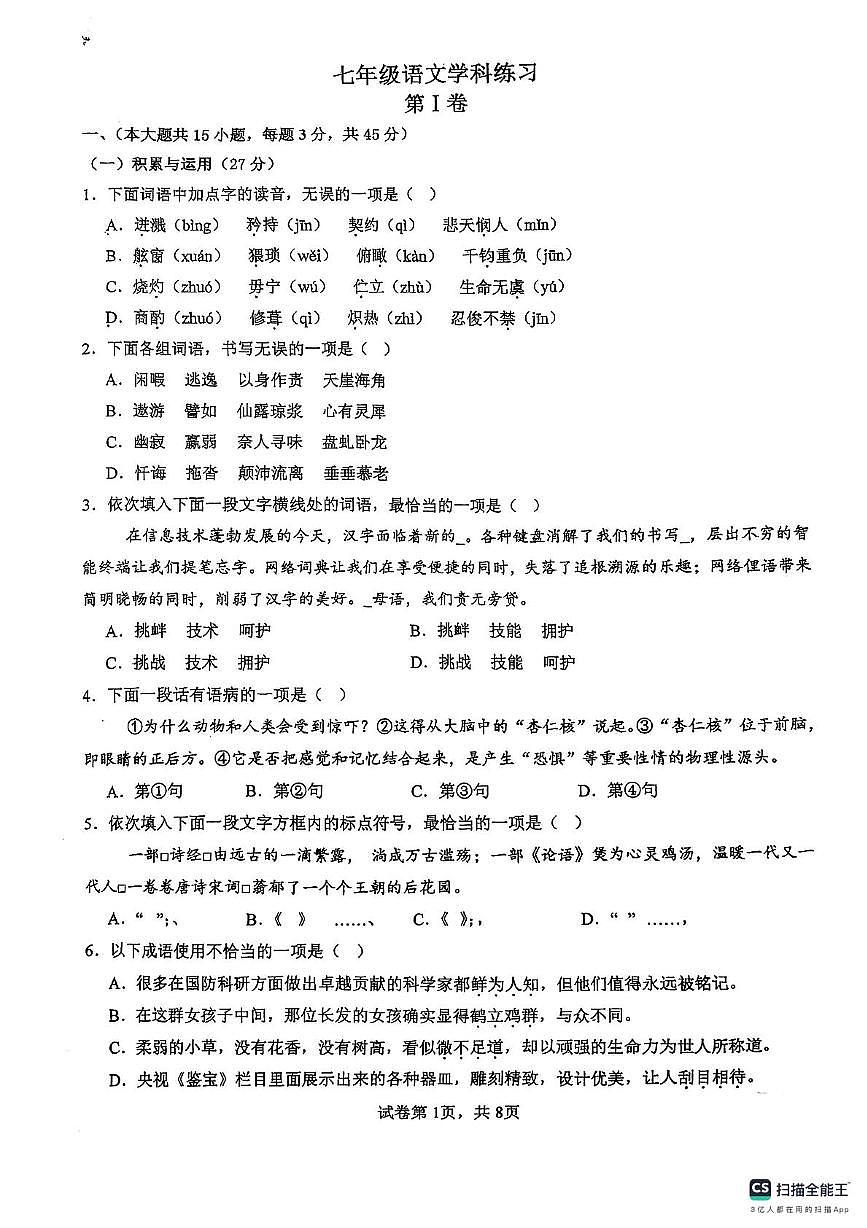 天津市南开区第二十五中学2024-2025年七年级下学期5月月考语文试卷第1页