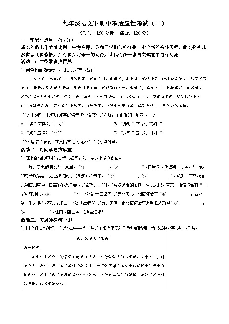 2025年河南省驻马店市驿城区中考三模语文试题（含答案）第1页