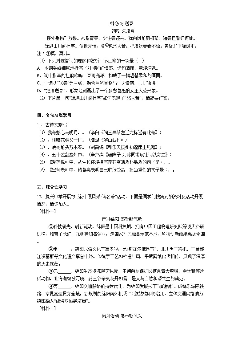 四川省绵阳市2025年中考二诊语文试题（含答案）第3页