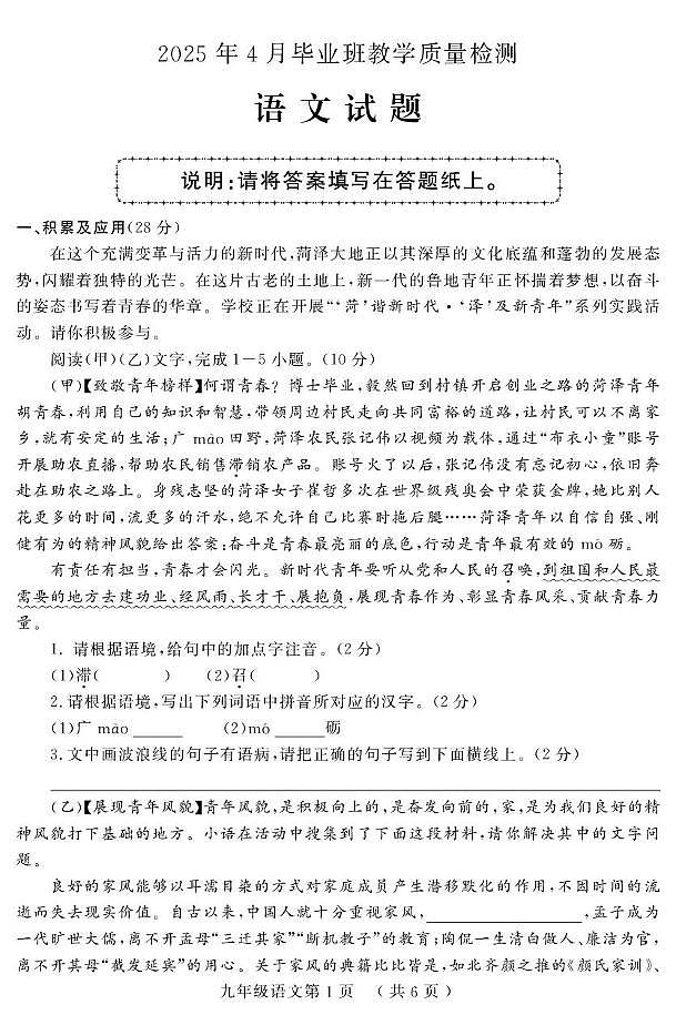 2025年山东省菏泽市曹县中考一模语文试题（中考模拟）第1页