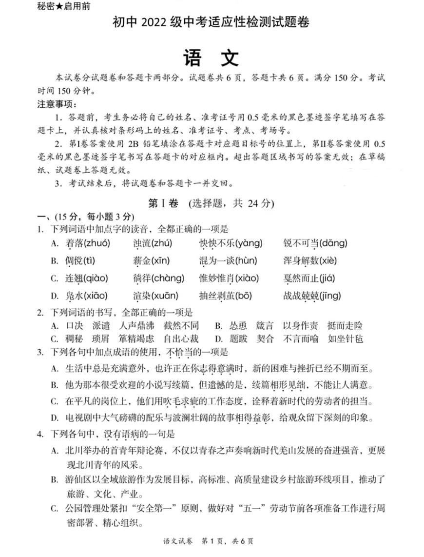 2025年四川省绵阳市游仙区中考语文三诊试题（中考模拟）第1页