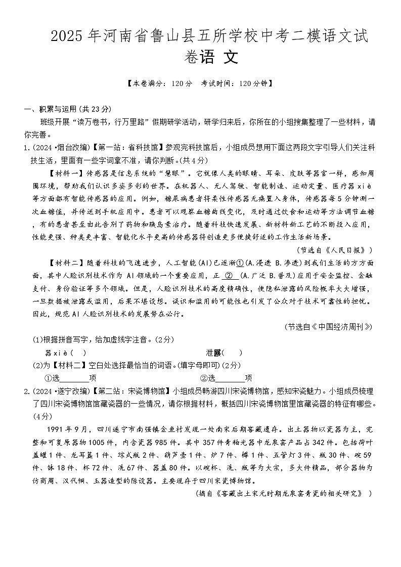 2025年河南省平顶山市鲁山县五所学校中考二模语文试题第1页