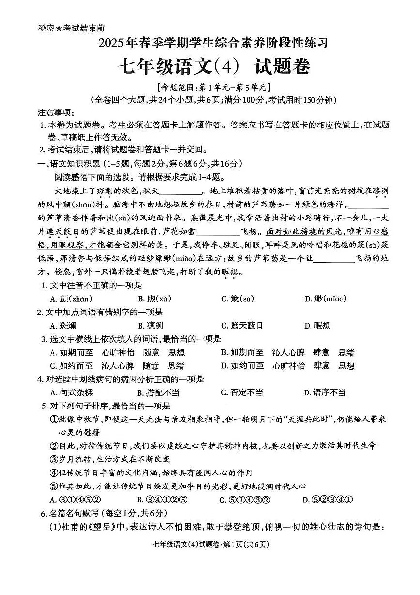 云南省昭通市昭阳区2024-2025学年七年级下学期6月月考语文试卷第1页