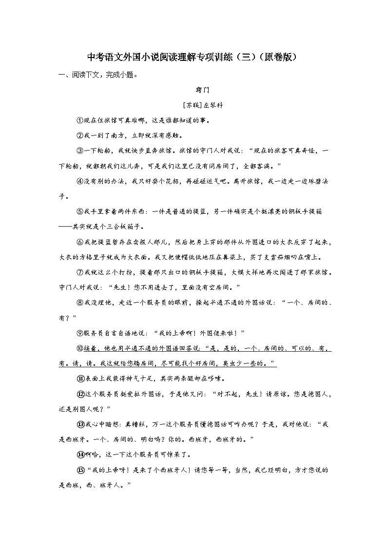 中考语文外国小说阅读理解专项训练（三）（原卷版）-2026年中考语文一轮复习现代文阅读训练（全国通用）第1页