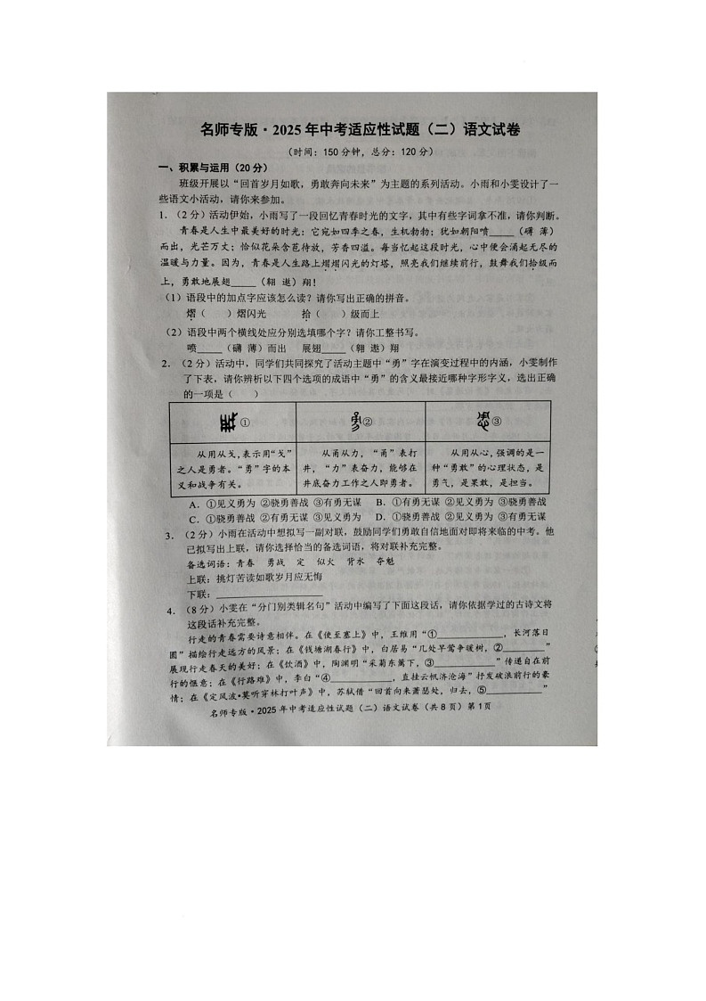 2025年中考适应性（二）语文试题第1页