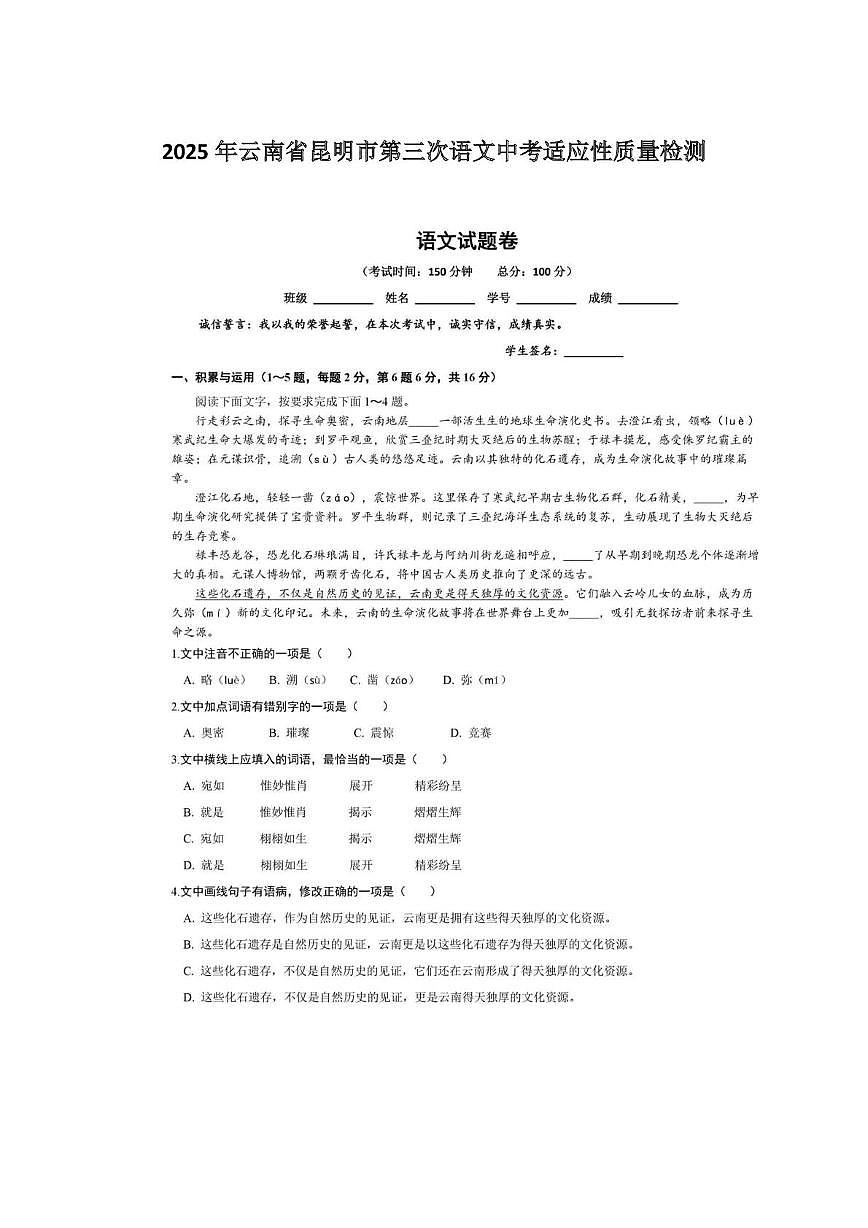 2025年云南省昆明市第三次语文中考适应性质量检测 2025年云南省昆明市第三次语文中考适应性质量检测第1页