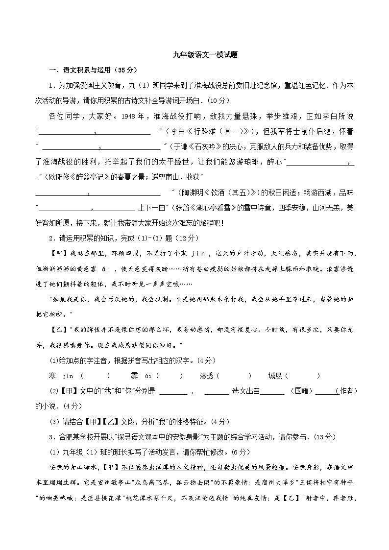 2024年安徽省合肥市第四十五中学中考一模语文试题含答案第1页