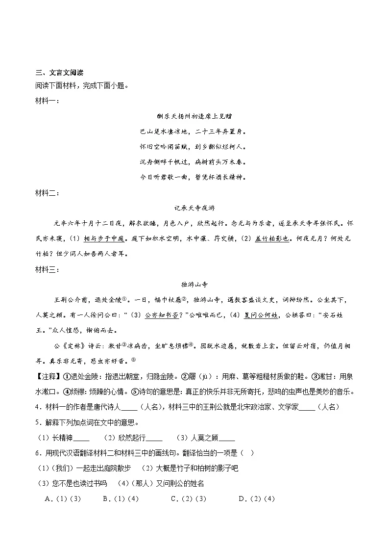 吉林省白城市三校联考2025届九年级下学期中考模拟考试语文试卷第3页
