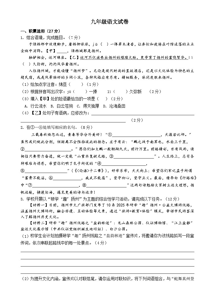 2025年江苏省仪征市实验中学教育集团九年级中考三模语文试卷 第1页
