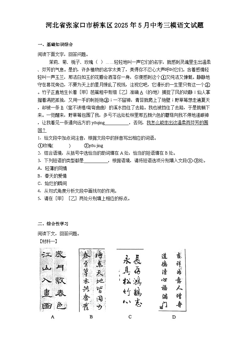河北省张家口市桥东区2025年5月中考三模语文试卷（含答案）第1页